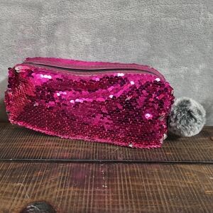 BH Cosmetics Pink & Silver Sequins Glam Makeup Bag with Soft Gray Pom Pom on Zip